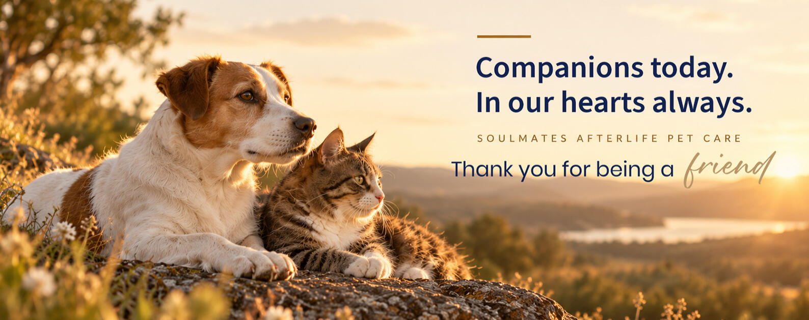 Thank you for being a friend Dog and cat resting together in warm evening light.